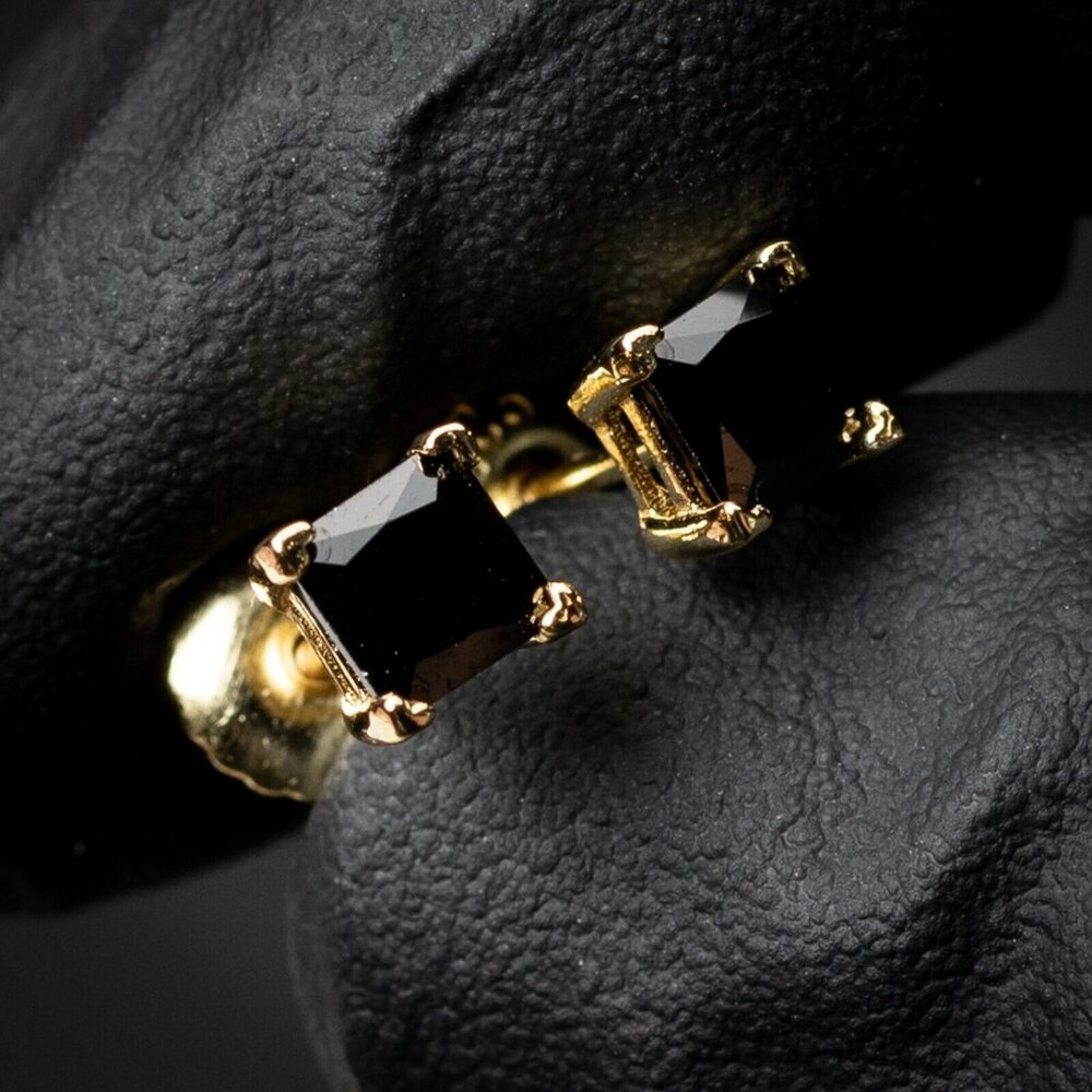Small Mens Yellow Gold 925 Sterling Silver Black Onyx Princess Cut Stud Earrings